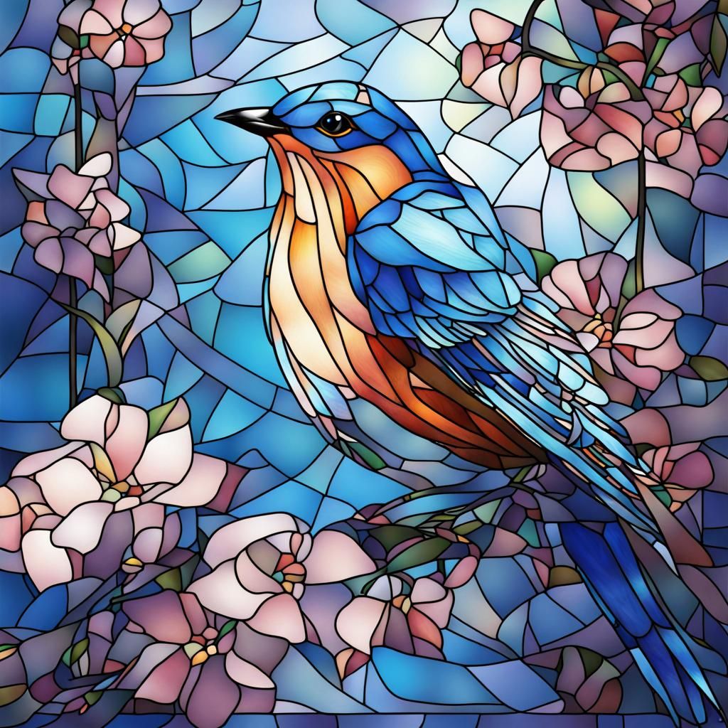 Blue Bird in Stained Glass Style