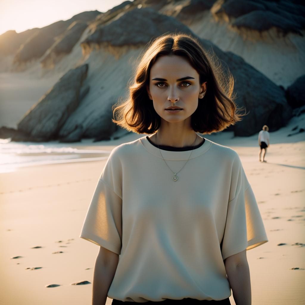 Deserted Beach at Sunset in French New Wave Style