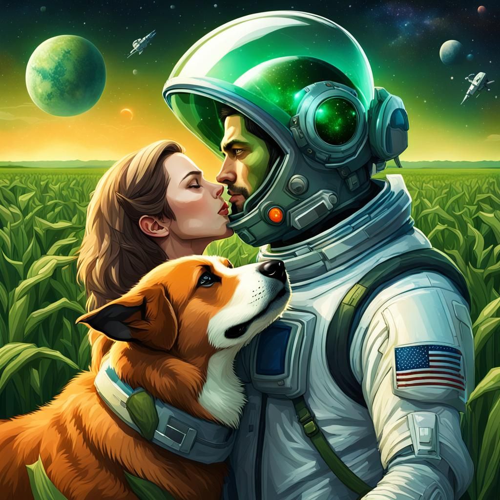 Astronauts Kissing in Alien Cornfield