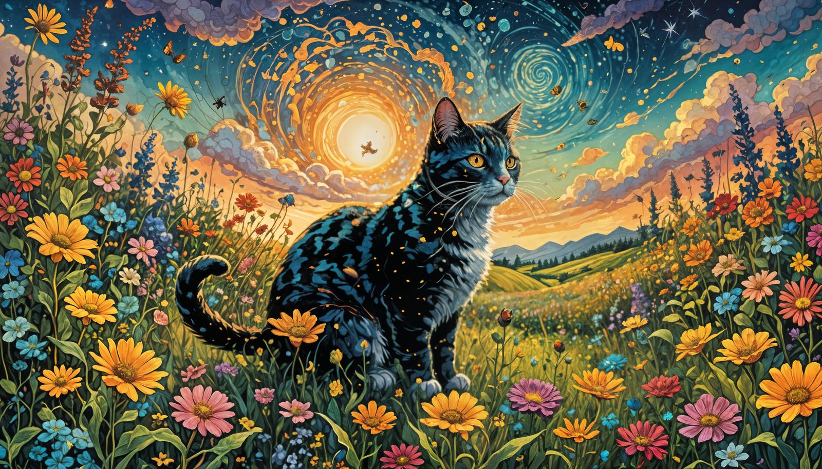 Cat Contemplates Mystical Planet Meadow in Vibrant Colors