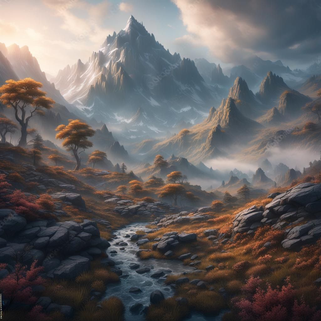 Misty Mountain Landscape in Detailed Matte Painting