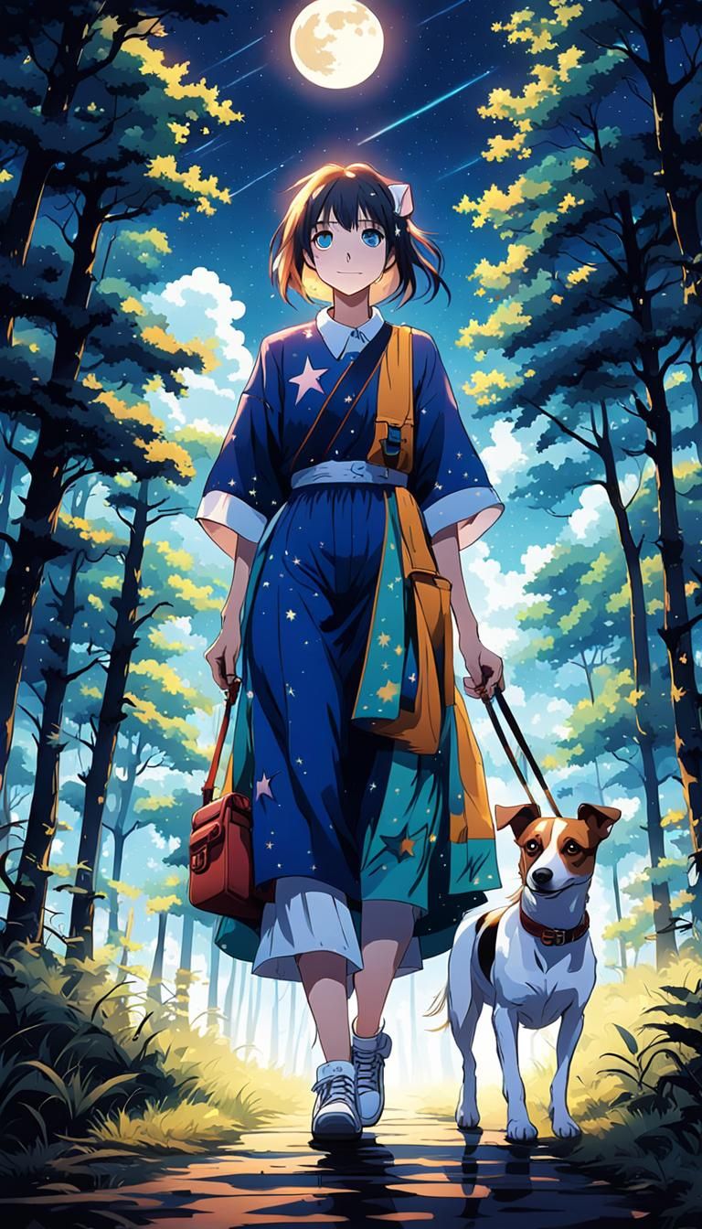 Woman and Dog Walk in Anime Forest