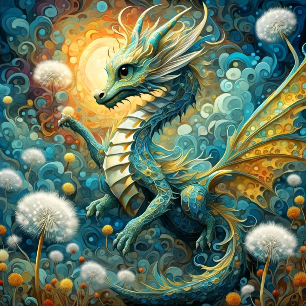 Dragon and Dandelion Fluff in Art Nouveau Style