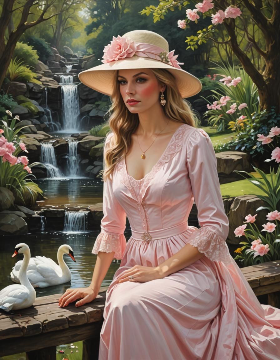 Lady by Lake with Swans: Oil Painting