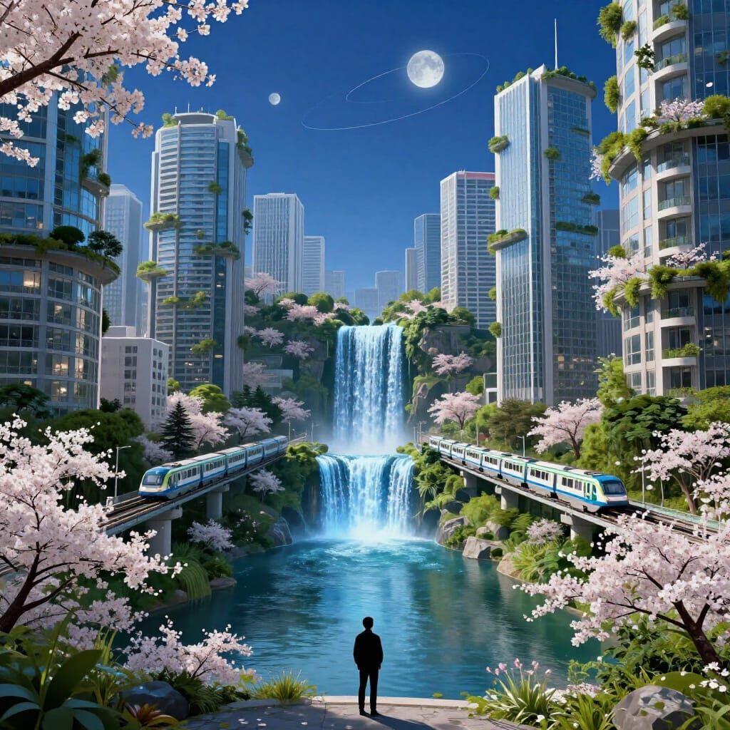 Futuristic Vertical Cityscape with Cherry Blossoms and Twin ...