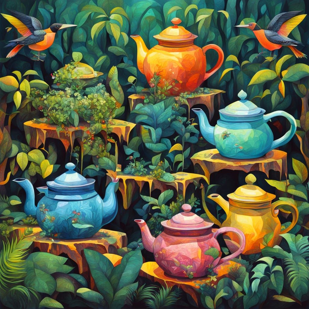 Surreal Teapots in Jungle: Vibrant Oil Painting