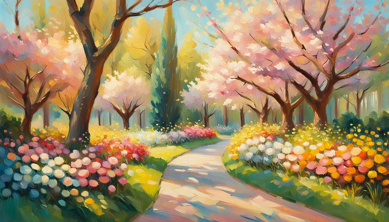 Impressionist Garden Path on a Sunny Spring Day