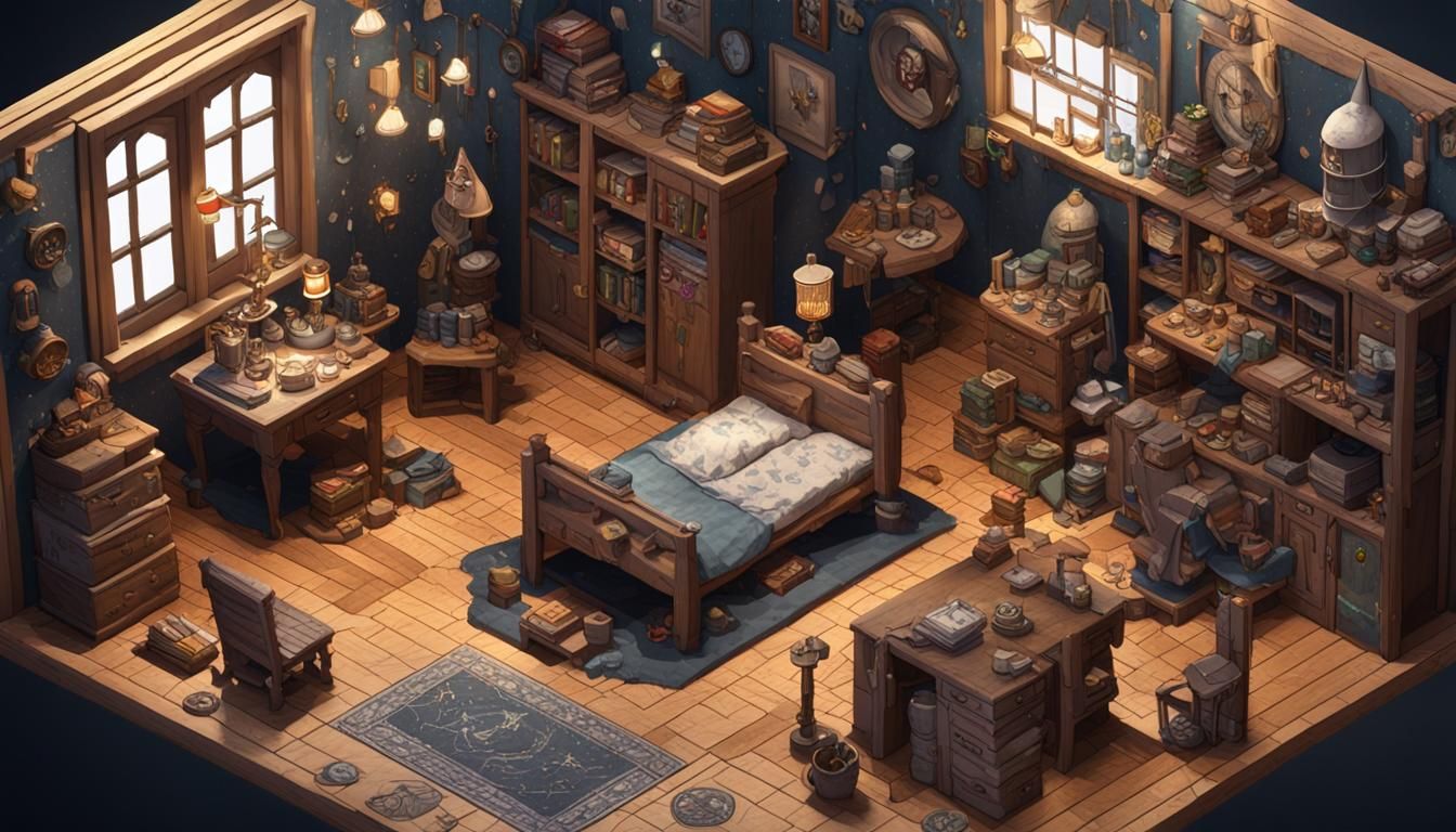 Fantastical Wizard's Room Interior in Isometric View