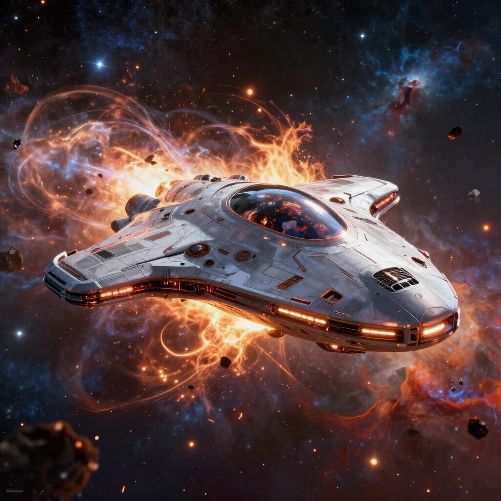 Futuristic UFO Spaceship in Fiery Plasma