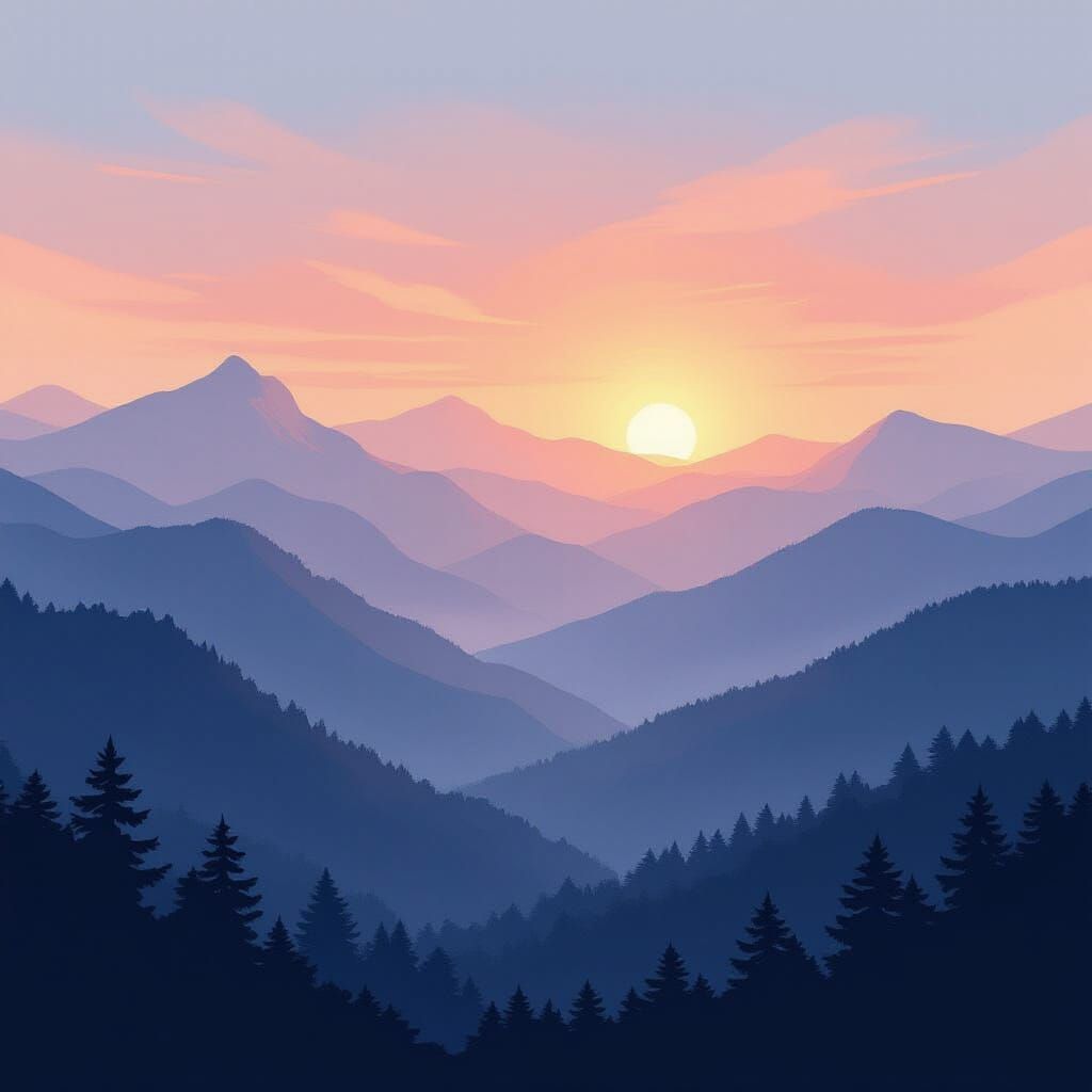 Smokey Mountains Sunrise Landscape in Romantic Style
