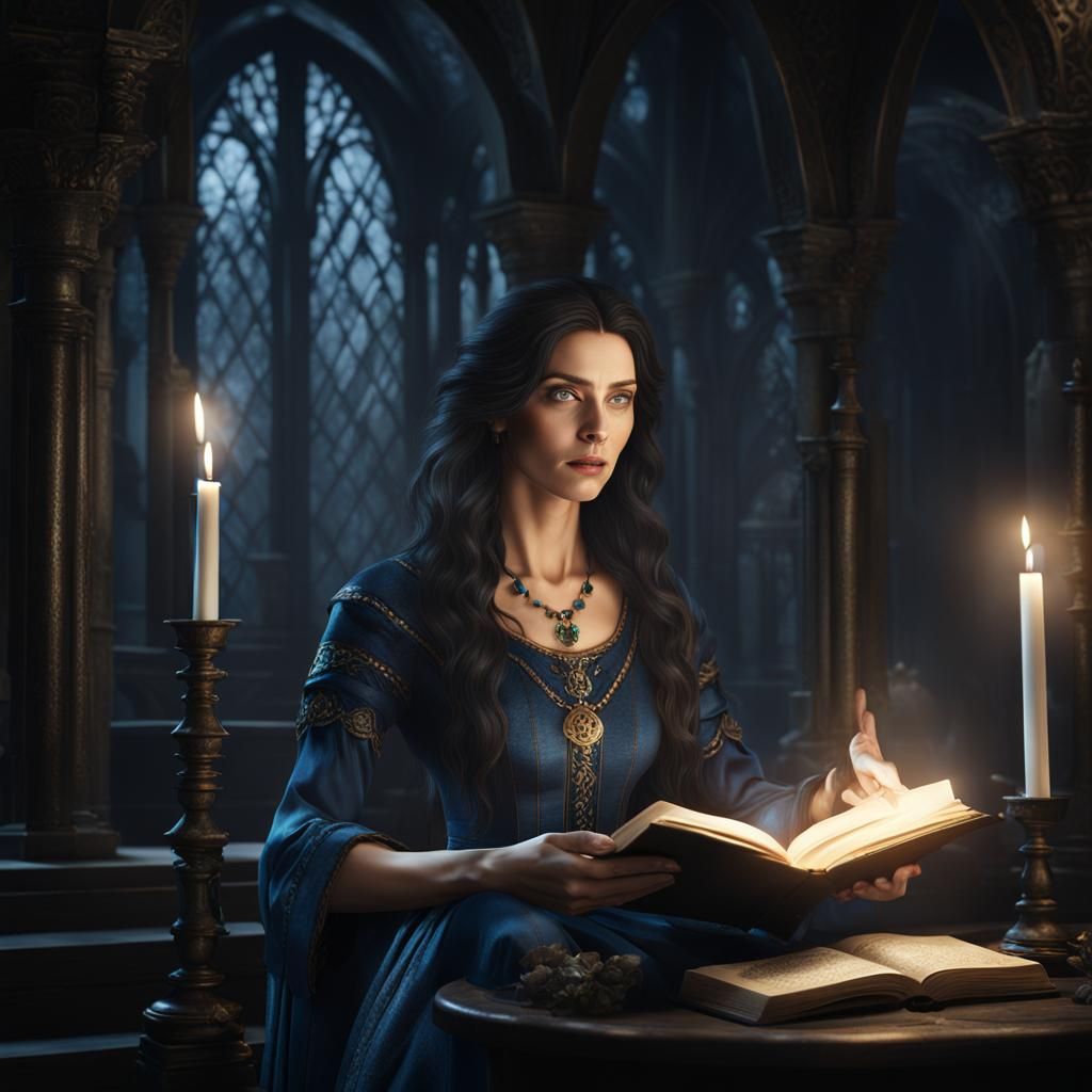 Elegant Woman Reads Spell Book in Dark Room