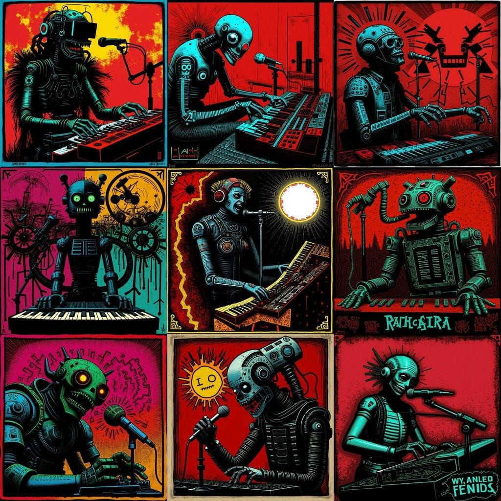 Evil Joyful Robot Musician in Posterized Stencil Art