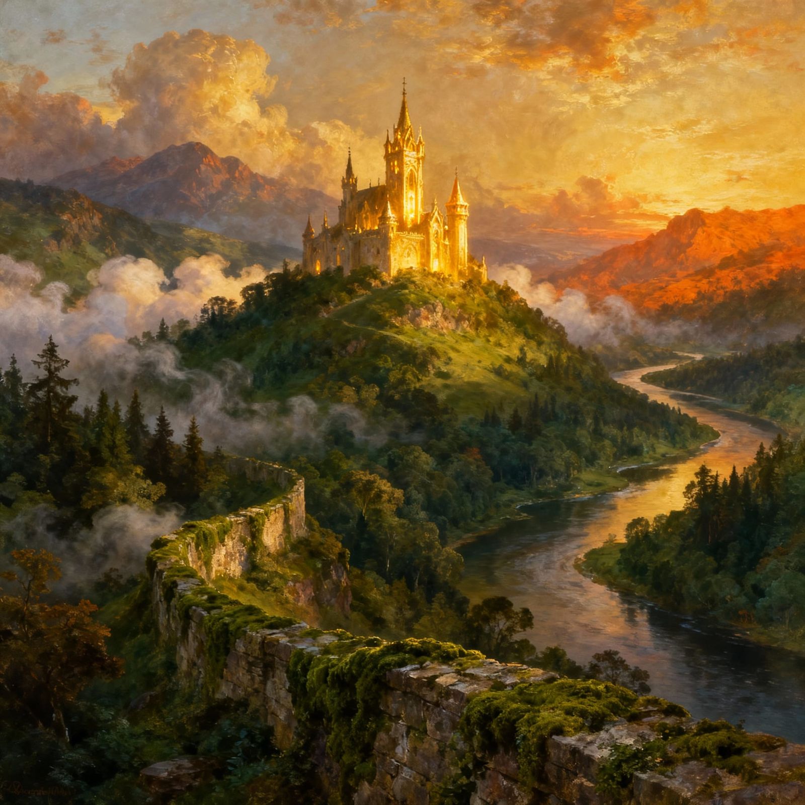 Majestic Castle on Hilltop at Golden Hour, Romantic Landscap...