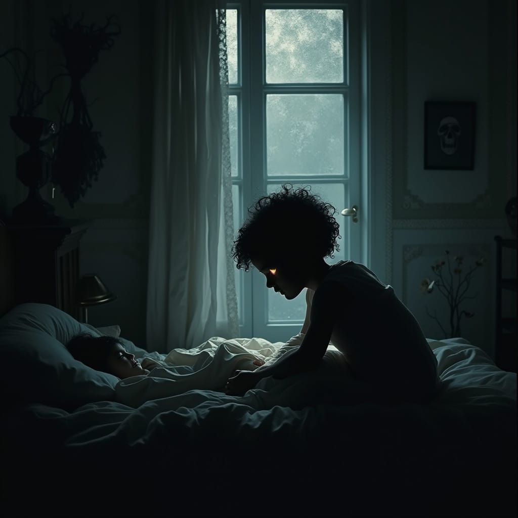 Shadows Whisper to a Child in a Haunted Bedroom at Night