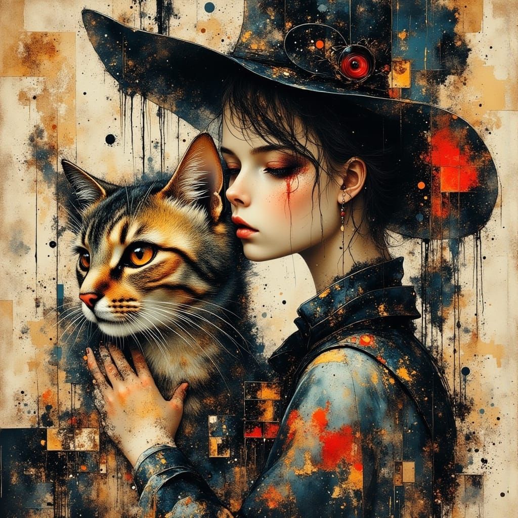 Dreamy Cat and Girl in Glitch Art Style