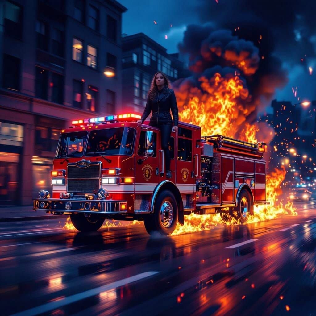 Fire Truck Ablaze on City Street at Night