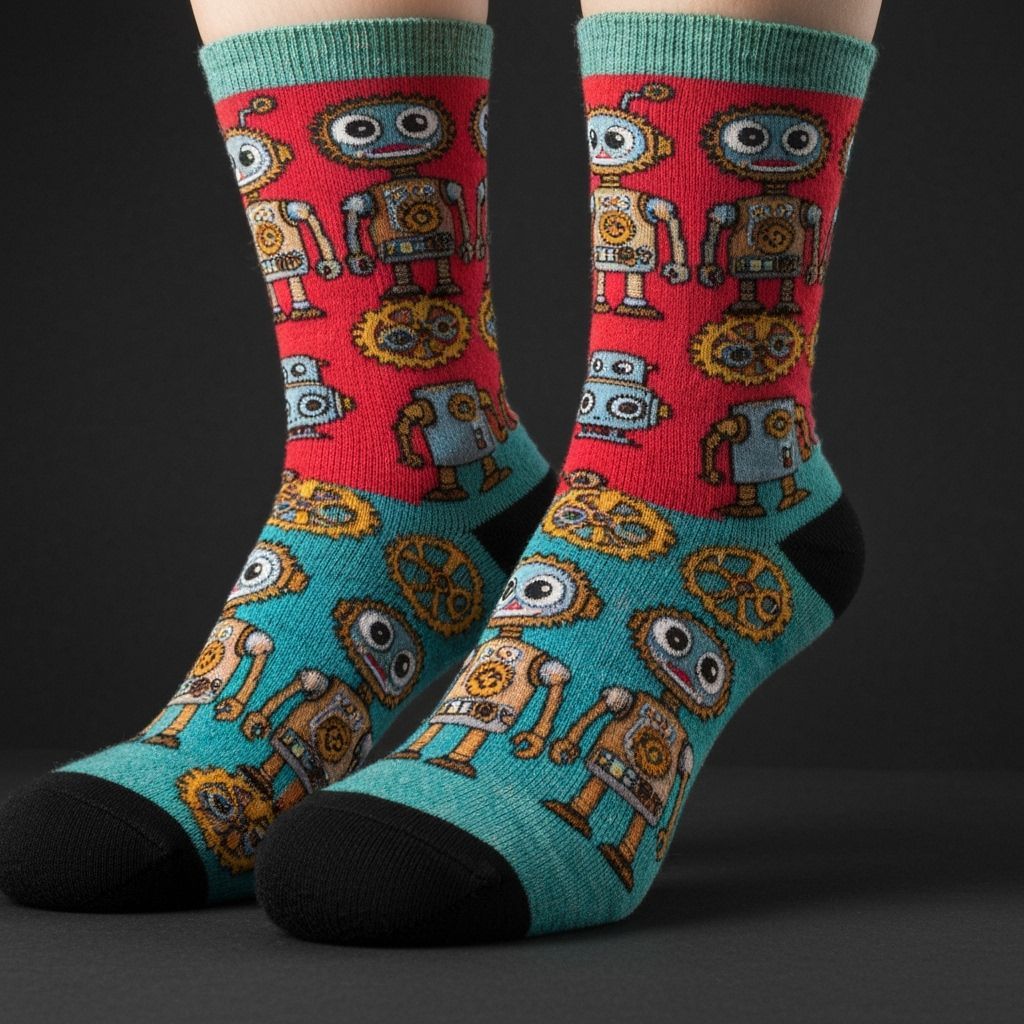 Steampunk Robot Socks in Imaginative Illustration Style