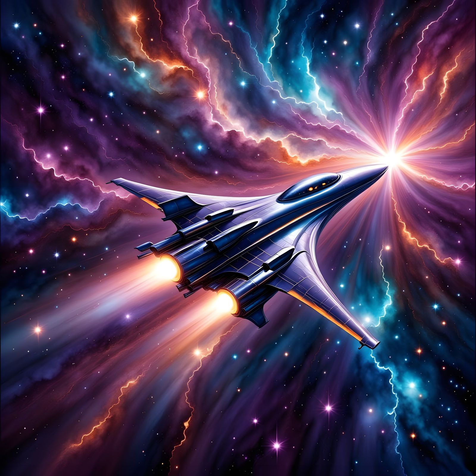 Swooping Chrome Spaceship in Vibrant Cosmic Landscape