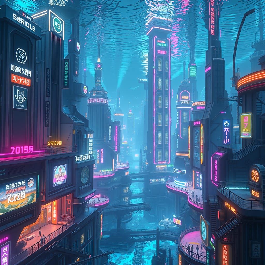Dystopian City Submerged in an Aquarium in Hyper-Realistic 3...