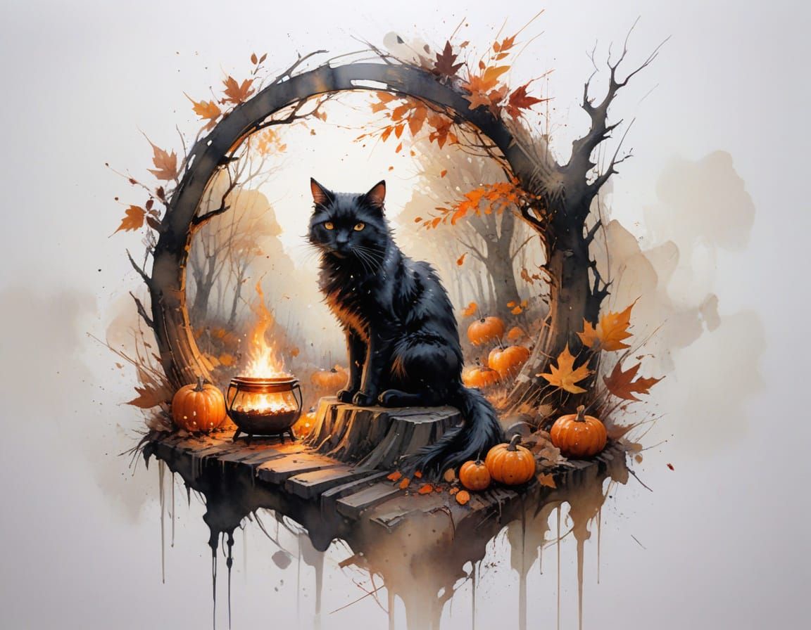 Whimsical Witch and Black Cat in Autumn Forest