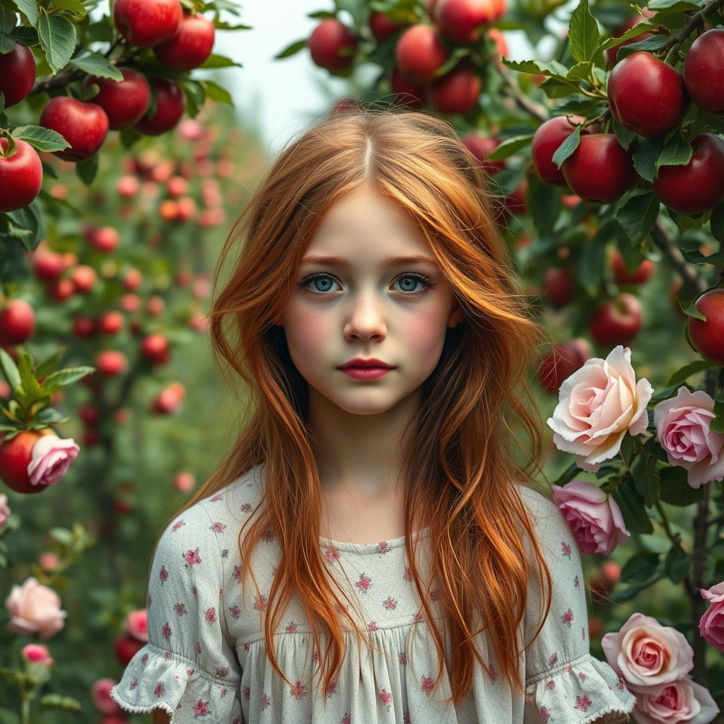 Red-Haired Girl in Orchard, Impressionist Style