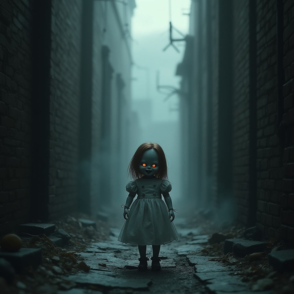 Eerie Porcelain Doll in Abandoned Alley