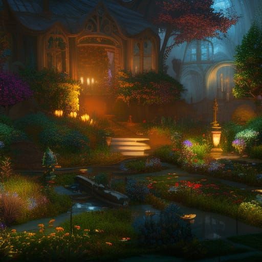 Fantastical Garden at Night in Detailed Matte Painting