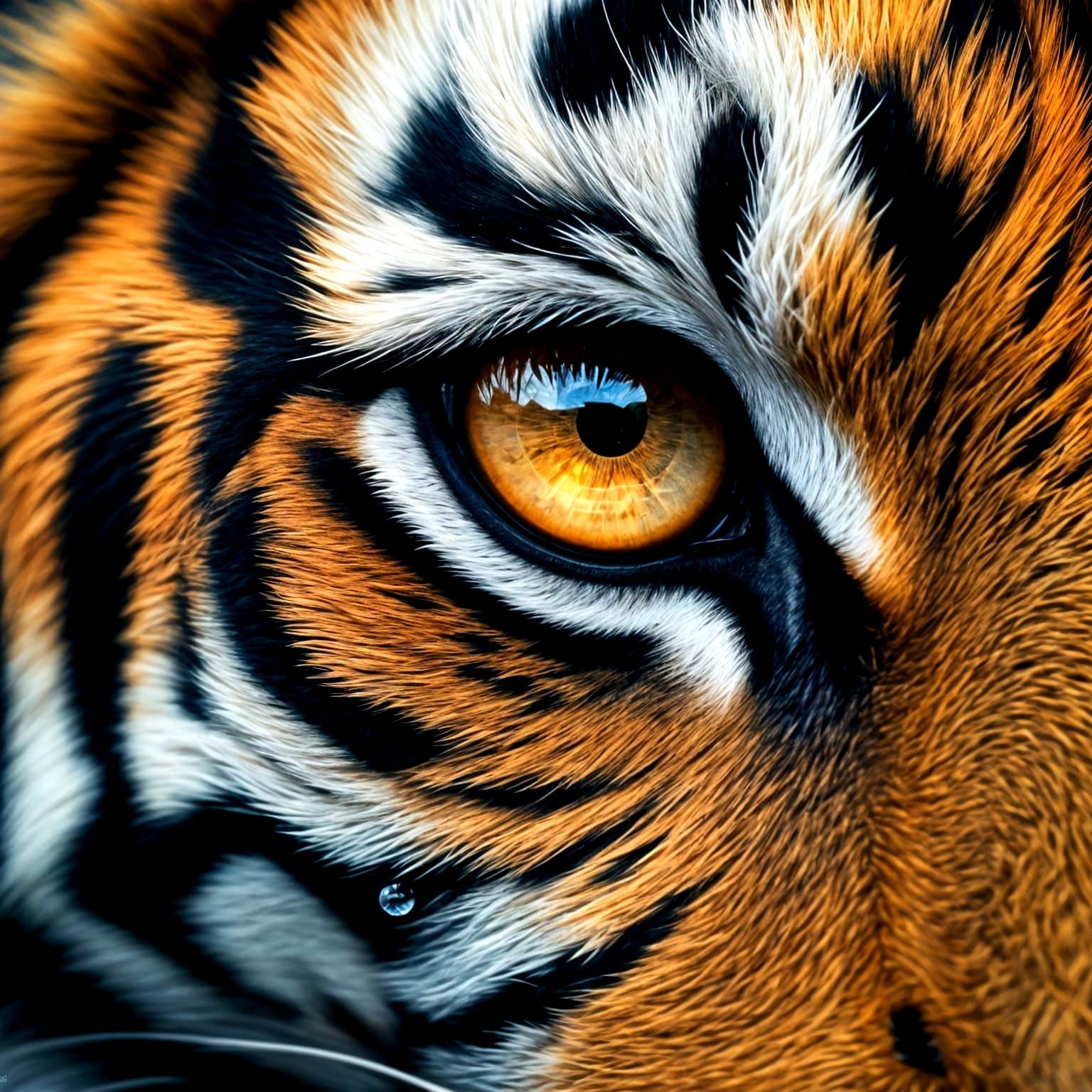 Tiger's Eye Reflects Jungle Sunset, Hyperrealistic Style