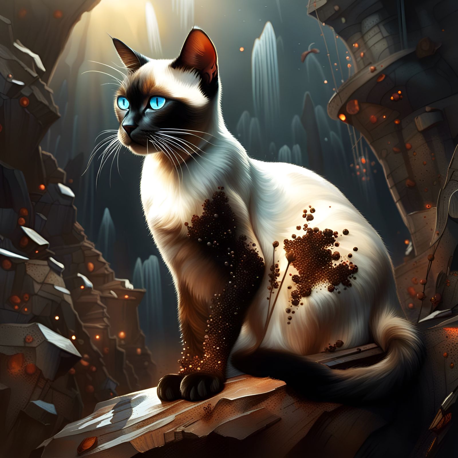 Detailed Siamese Cat in Mystical Landscape