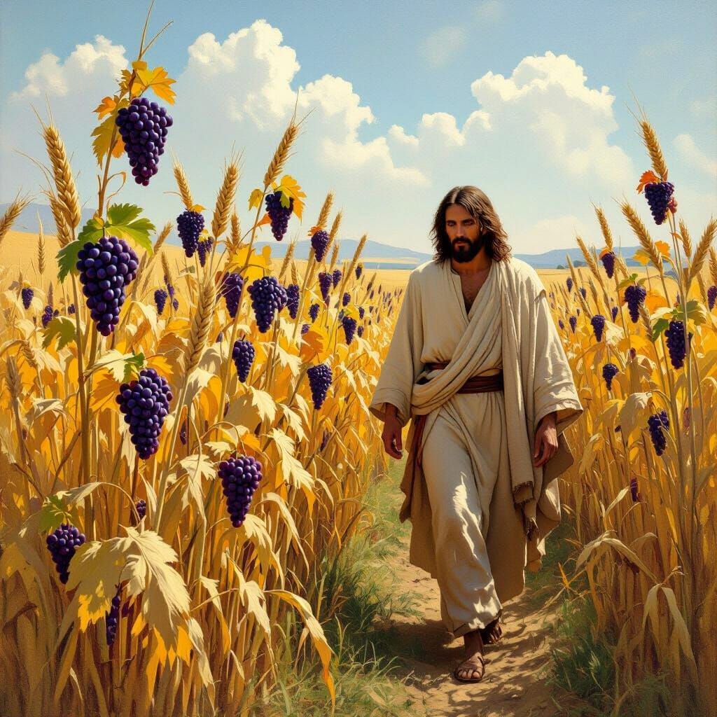 Jesus in Middle East Walks Grape Fields, Realist Style
