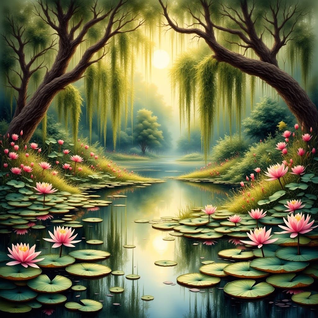 Dreamy Pond Landscape in Soft Watercolor Style