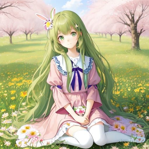Anime Girl Surrounded by Vibrant Flowers in a Lush Meadow