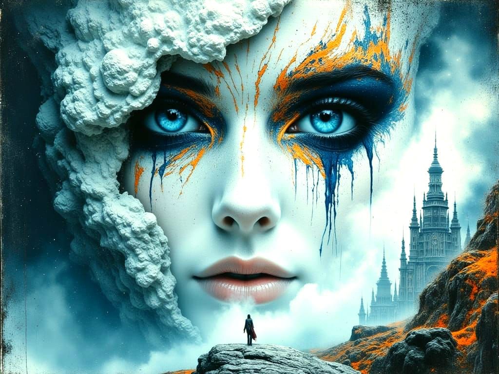 Blue Tear on Tattooed Face in Sky Palace