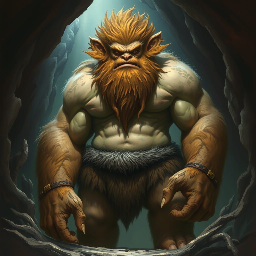 Hairy Cyclops Giant in Dimly Lit Cave