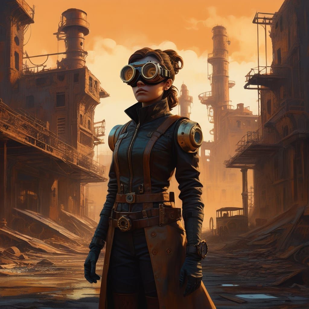 Steampunk Woman in Abandoned City Oil Painting
