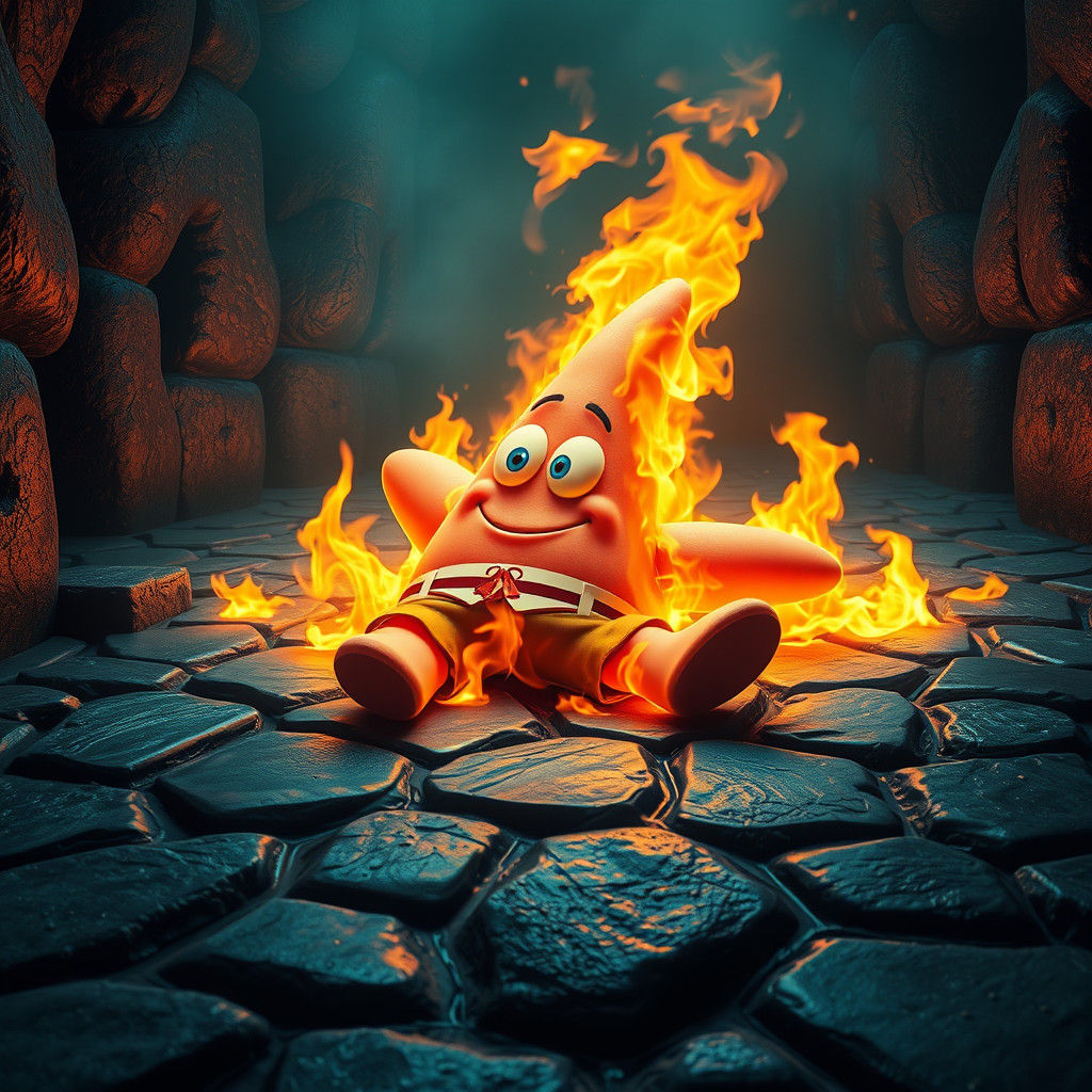 Patrick Star Ablaze on Mystical Stone Floor