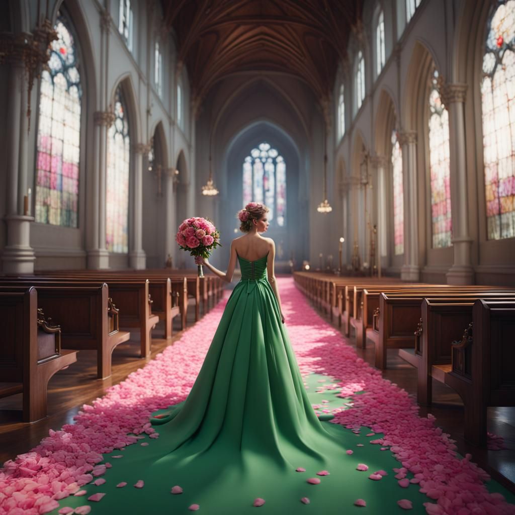 Bride in Green Dress with Pink Bouquet