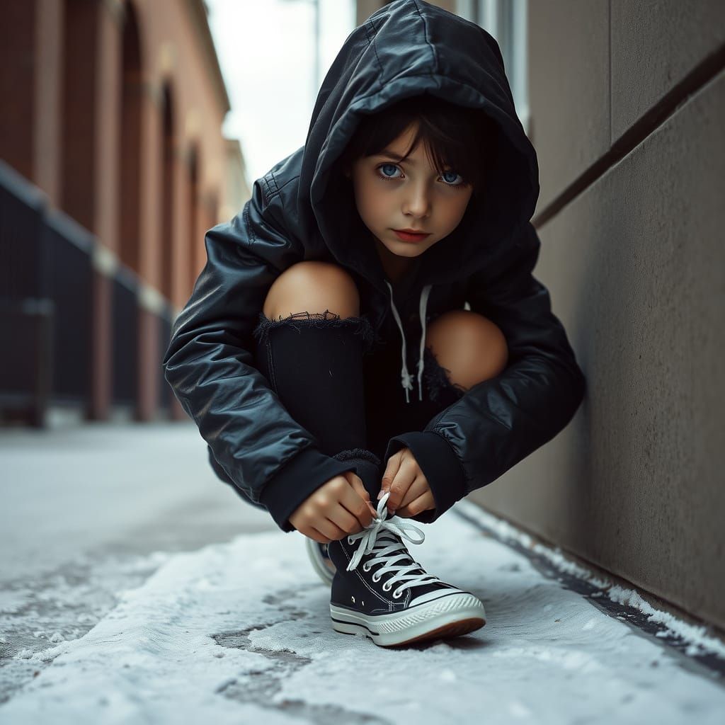 Girl Tying Shoelace: Cinematic Film Still