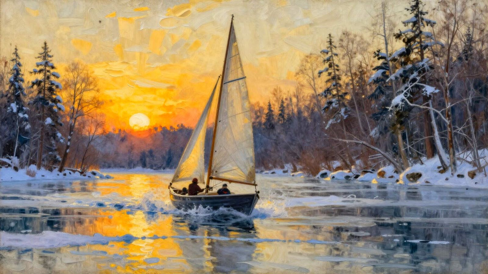 Winter Sailboat on Icy Lake at Sunset, Gouache and Watercolo...