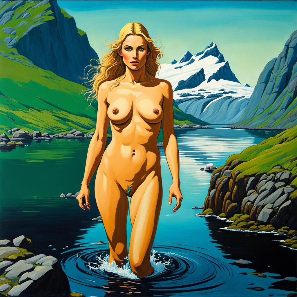 Norwegian Woman in Fjord Landscape, Textured Oil Painting
