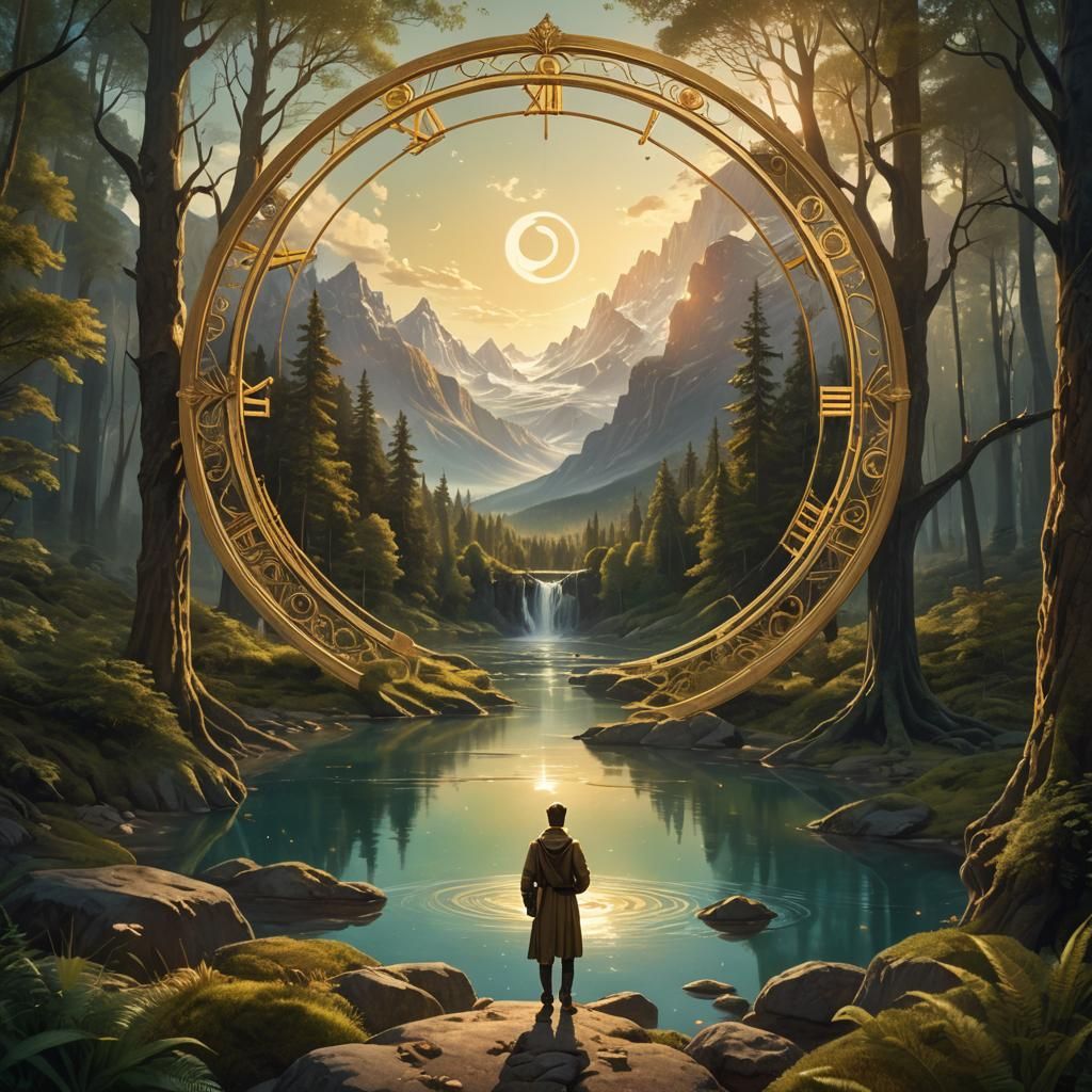 Forest Scene with Cosmic Clock in Matte Painting Style