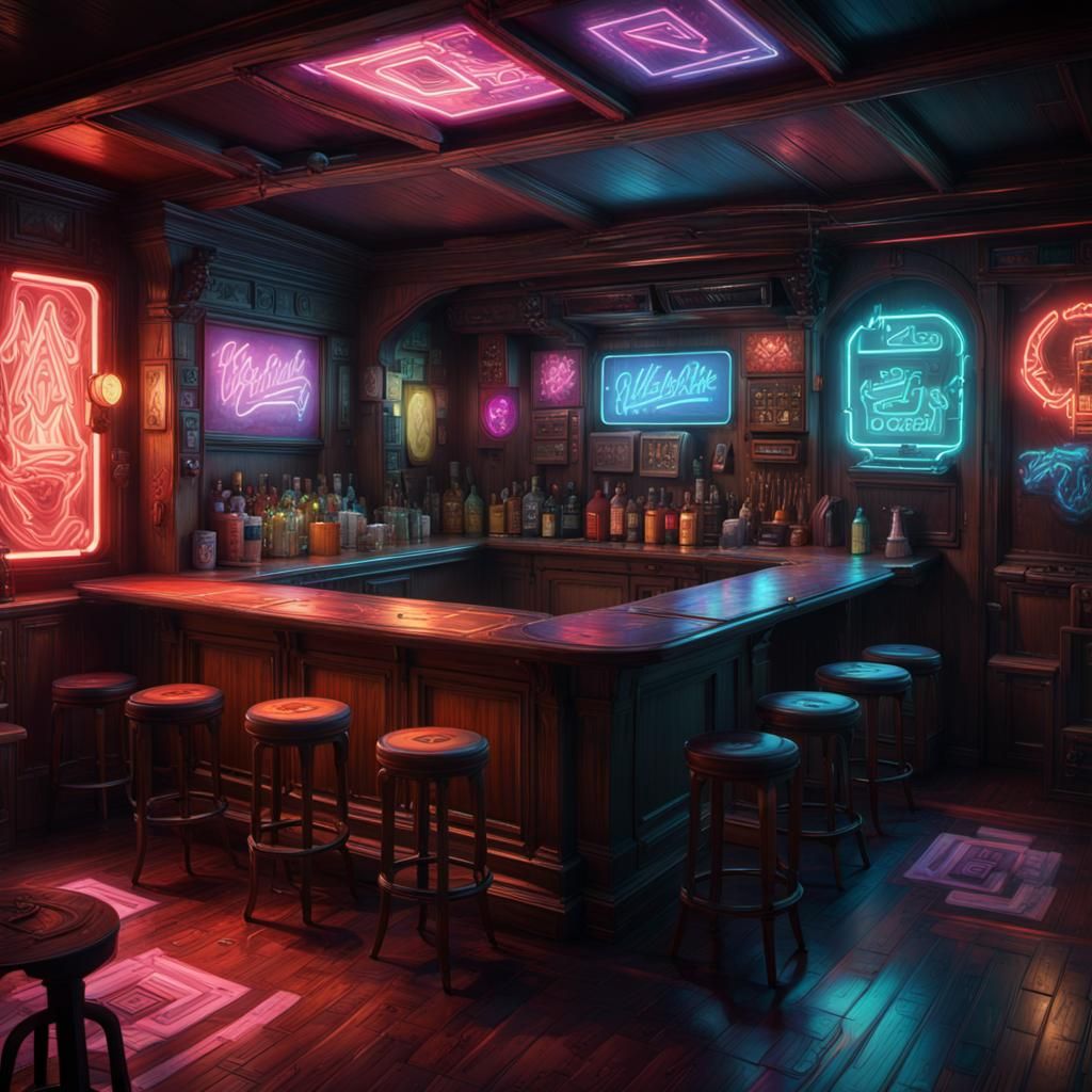 Dark Fantasy 1980s Bar with Neon Lights