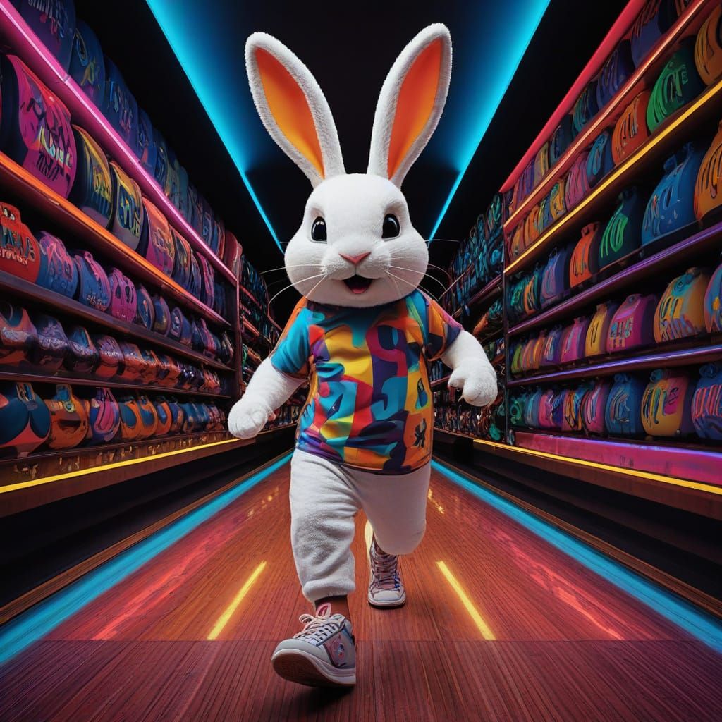 Vibrant Bunny Jumps Through Retro-Futuristic Bowling Alley i...