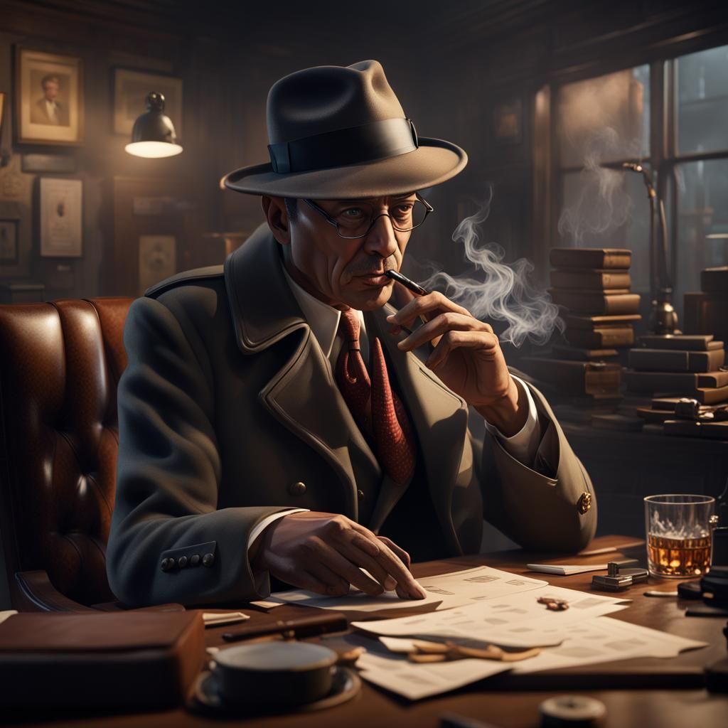 Noir Author in Trench Coat, Detailed Matte Painting