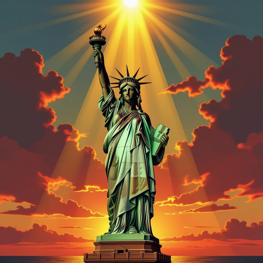 Golden Statue of Liberty with Diamond Crown at Sunset