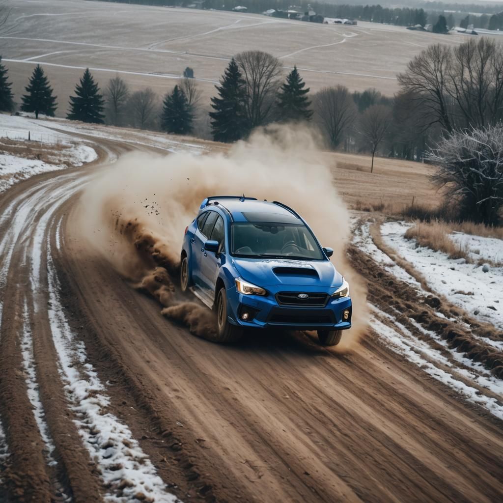 Blue Subaru WRX Flies Over Winter Farmland