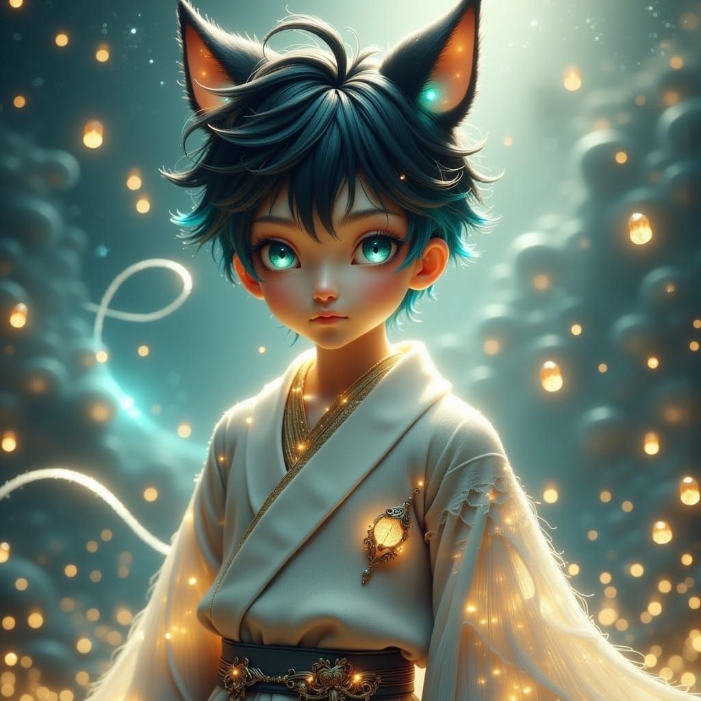 Mystical Kitsune Boy with Glowing Eyes
