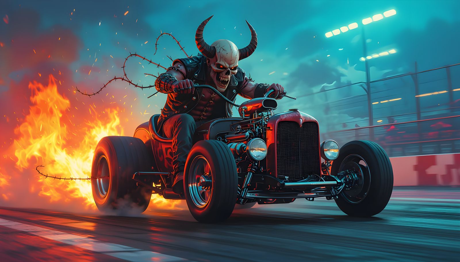 Satan's Fiery Burnout in a Skull Adorned Rat Rod