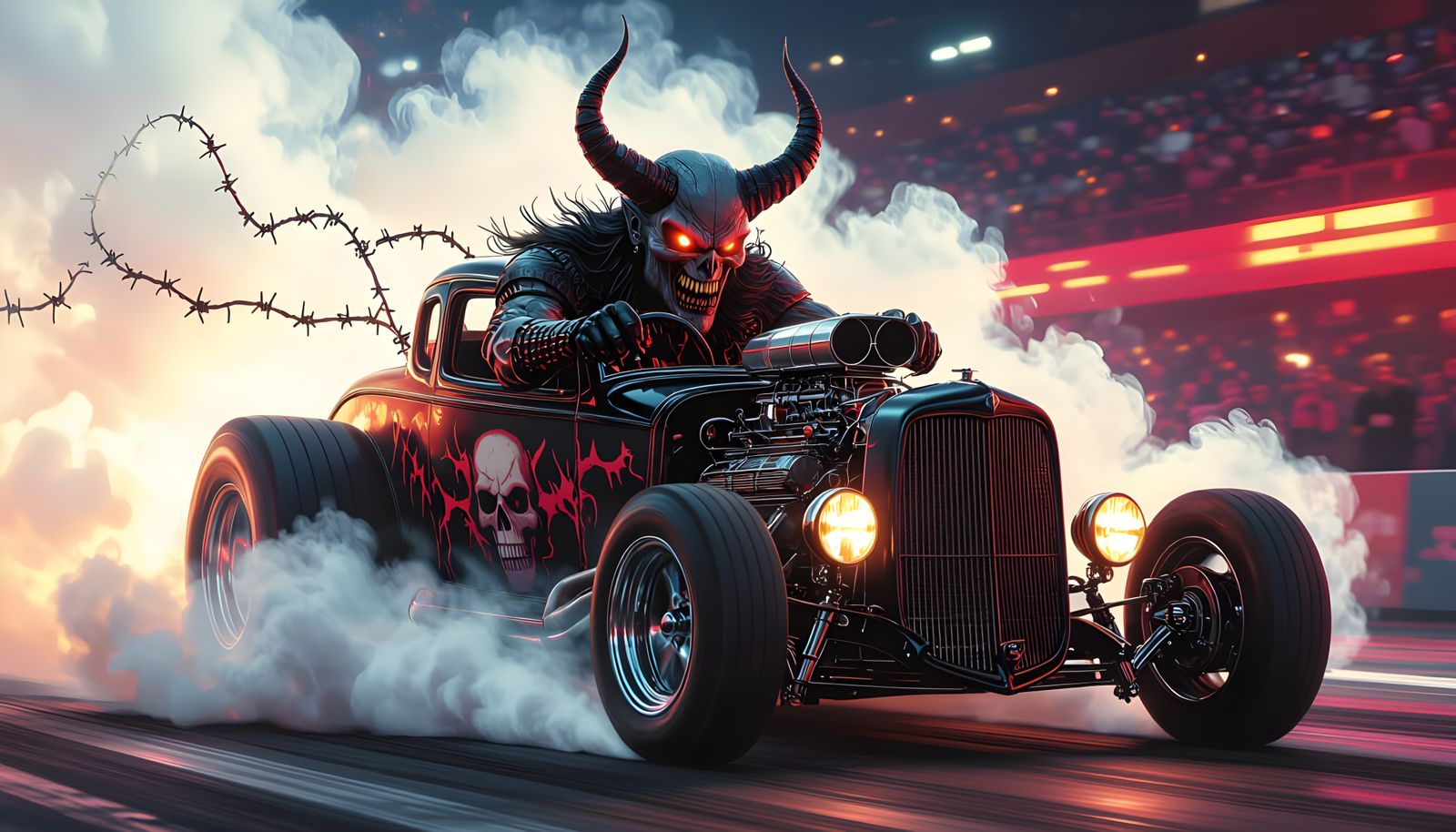 Satan's Rat Rod Burnout: Hyperrealistic Splash Art
