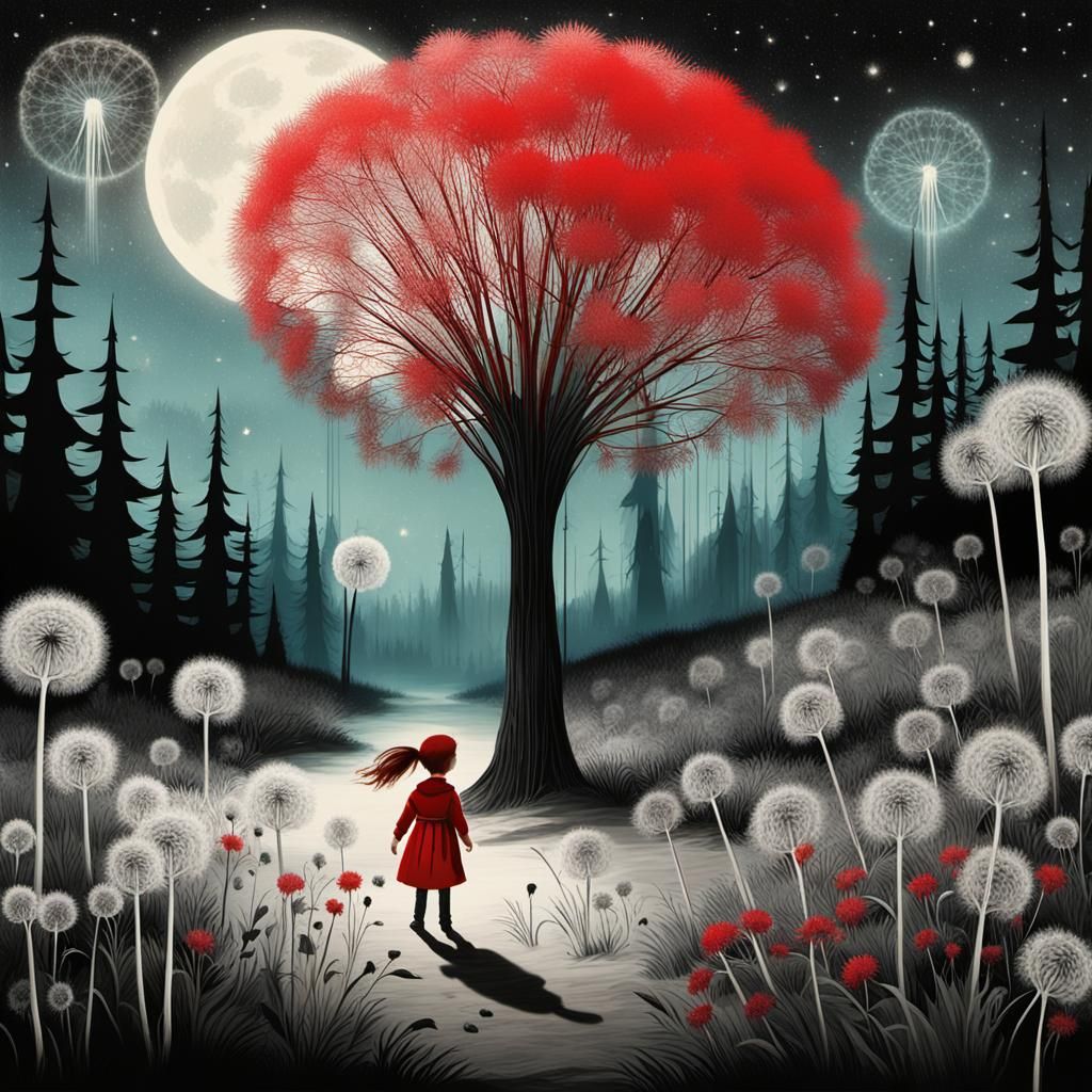 Surreal Childlike Landscape with Red Fairy in Vintage Style